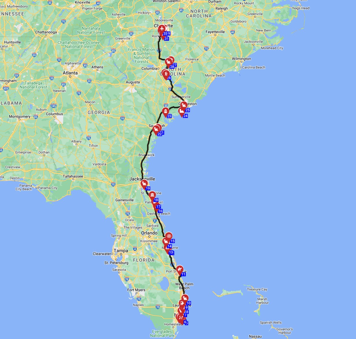 Map for Miami to Charlotte